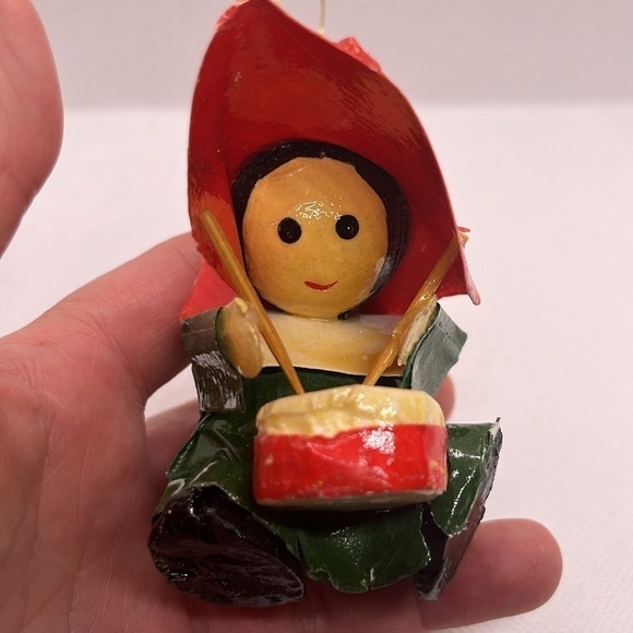 Vintage MCM Christmas Ornaments Flocked Felted Elf, Paper Mache Drummer Santa - Picture 9 of 16